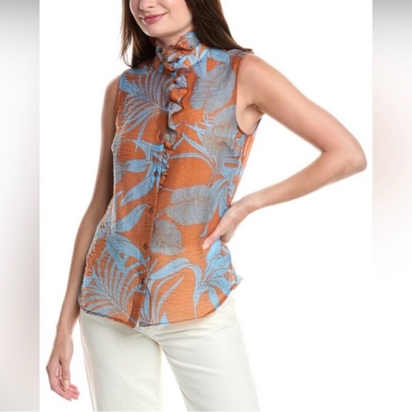 CAbi Tops - CABI #6525 Tropical Top Ruffled Buttoned Sleeveless Copper Blue NWOT Size L